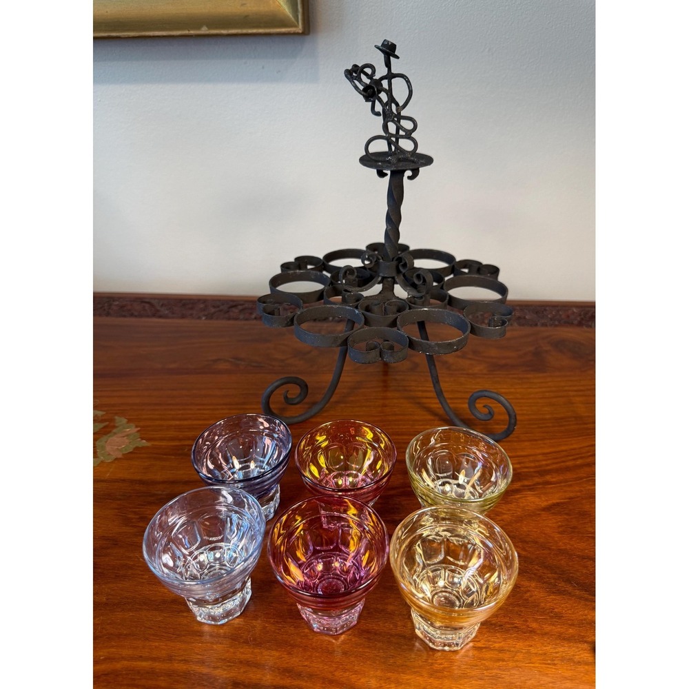 Vintage Cordial Glass Set • Dancing Couple Bar Caddy with 6 Colorful Glasses - Picture 6 of 17